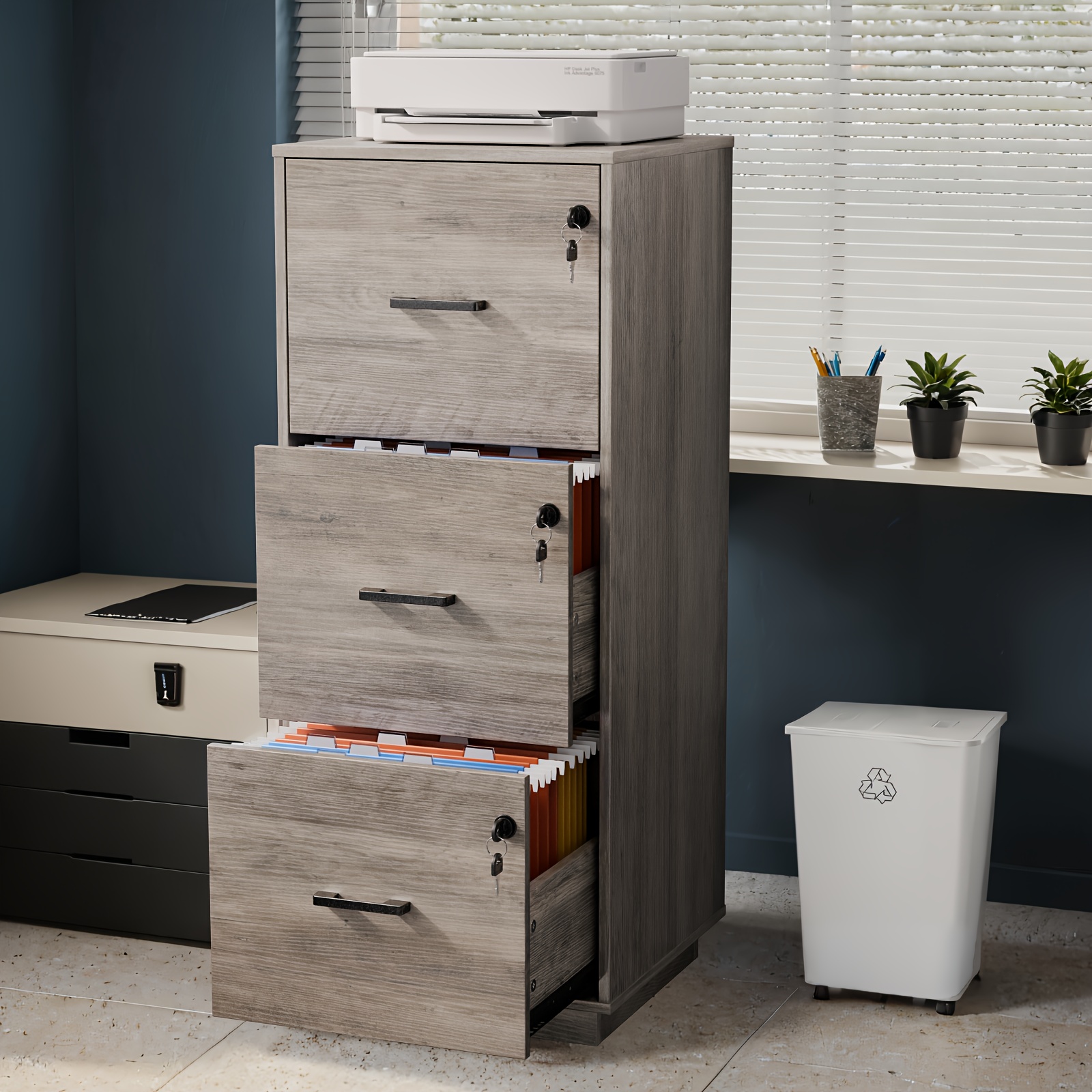Bonnlo 3-Drawer Lockable File Cabinet - Wood Filling Organizer with 2 Drawers, 27
