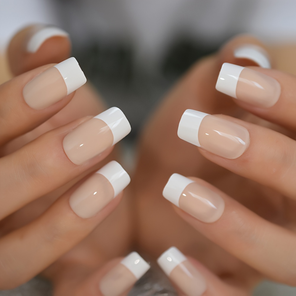Press On False Nails With White French Tips Nude Square Middle Length