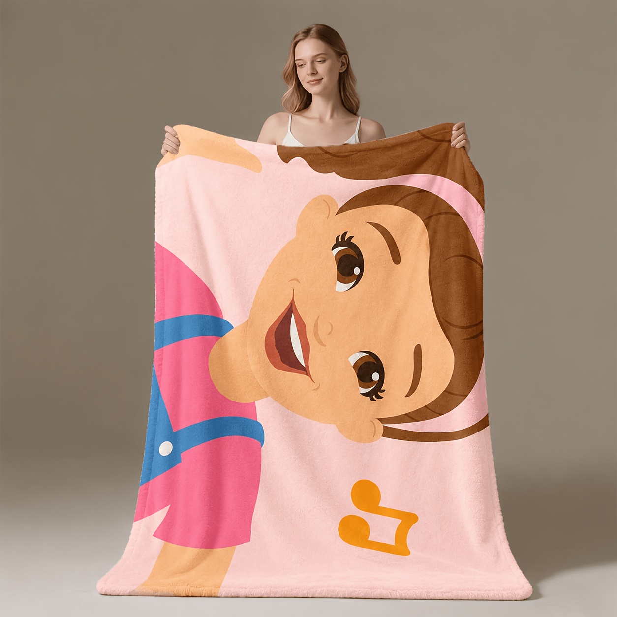 TEMU 1pc Light Beige-friendly Cartoon Girl & Music Note Pattern Flannel Blanket, , Oversized Double, Exquisite Gift, Machine Washable, No Shedding,
