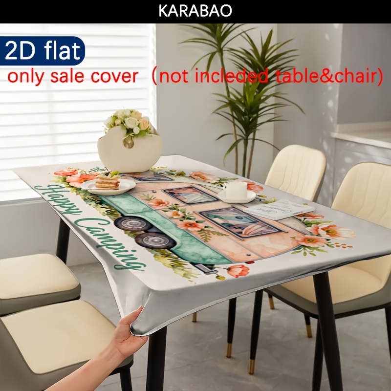 TEMU 1pc Floral Camping Car Pattern Outdoor Tablecloth, Design Tablecloth, Machine Washable, Outdoor Table Cover, 120g Fiber, Home, Kitchen Dining