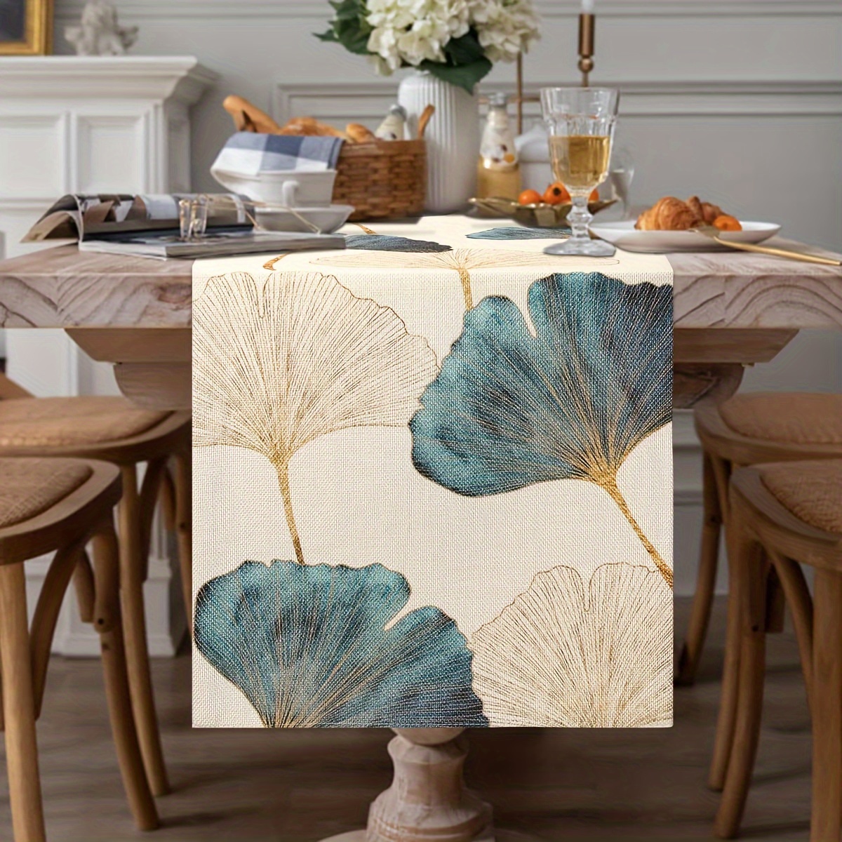1pc Durable Table Runner Blue Green Golden Ginkgo Leaf Table Runner Rectangular Table Cloth Rustic Farmhouse Table Decor Table Runner For Dresser Table Room Decorations
