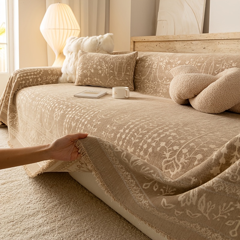 1pc BYFANG European Luxury Floral Chenille Sofa Cover with Fringe Trim - -Piece Pet-Friendly Sofa Protector Suitable for 1-4 Seater Sectional Sofas, Fringed Edges, Machine Washable Cover Fits for Single/Double/3-Seater/4-Seater Couches