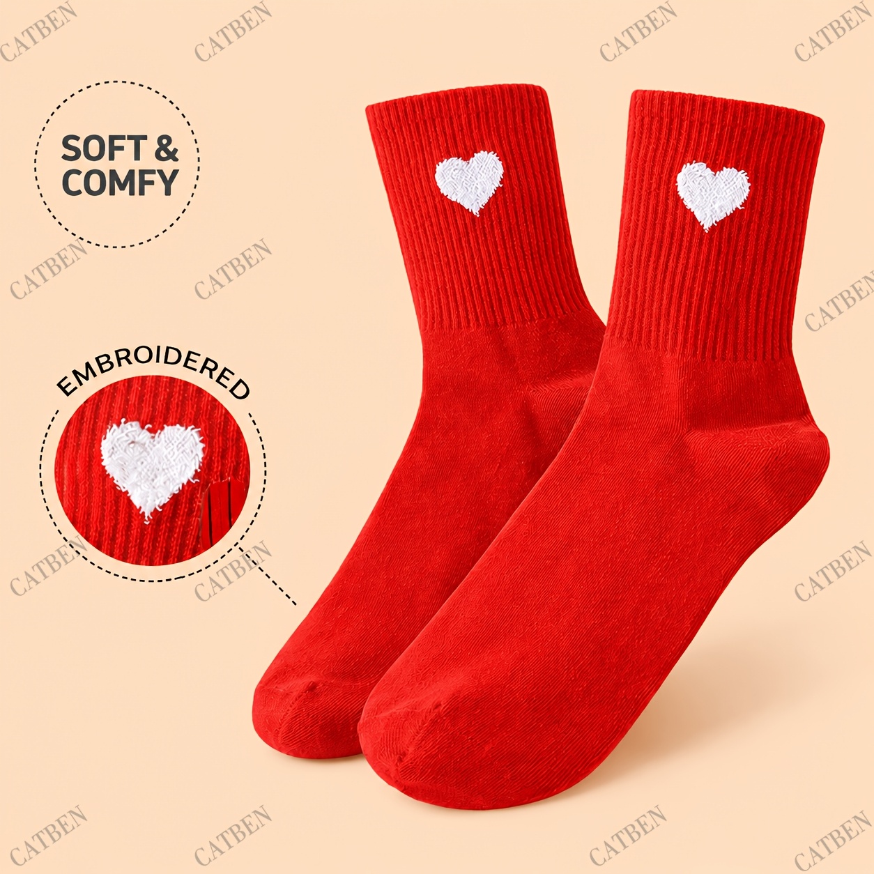 TEMU 1 Pairs Women Red Mid Calf Socks With Heart Patterns Soft Breathable Casual Socks For Casual Attire Novelty Socks Comfortable Footwear Quality