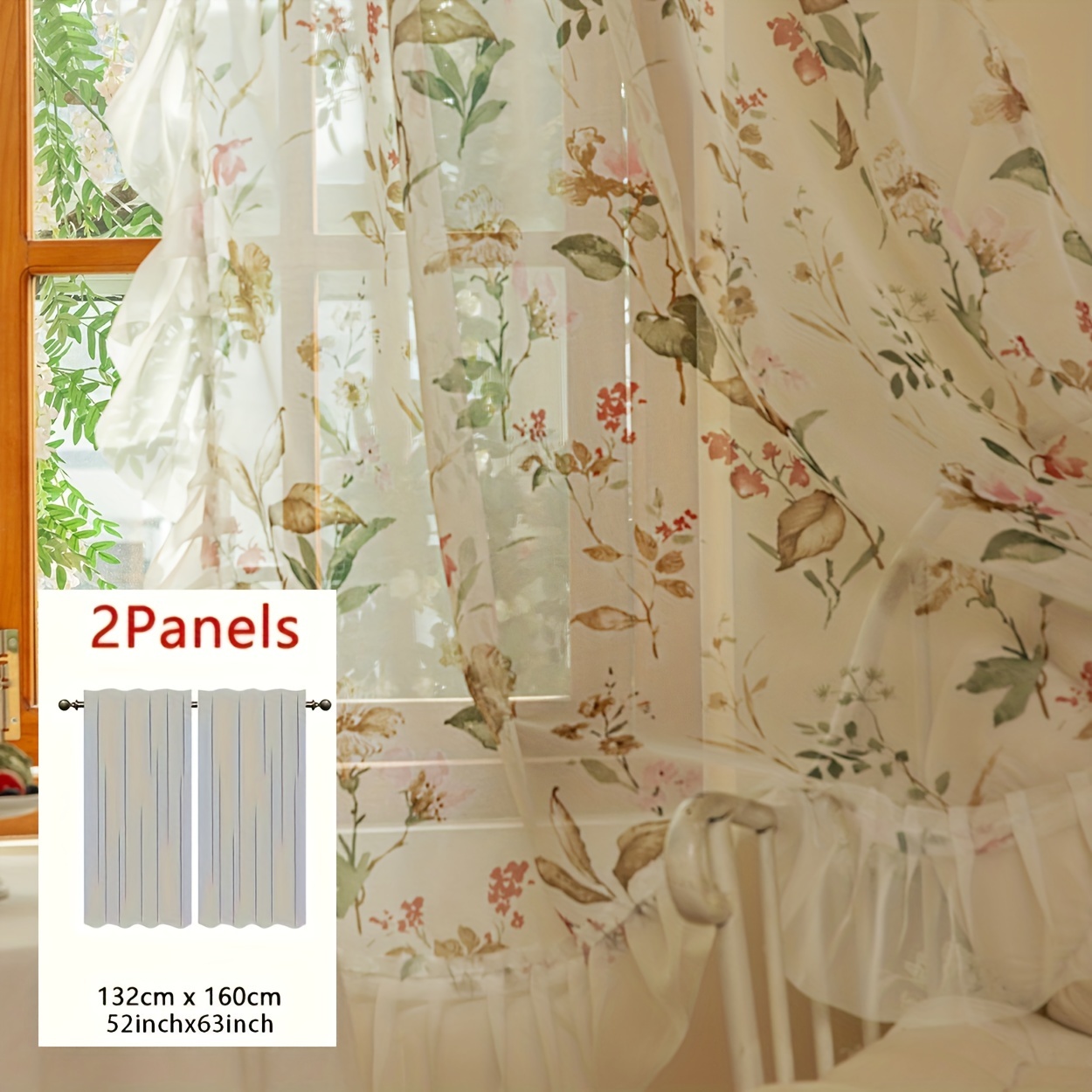 Image of 2pcs Camellia Lace Edge Decorative Sheer Curtains, Suitable For Style In Living Rooms, , Bedrooms, , And As Partition Curtains