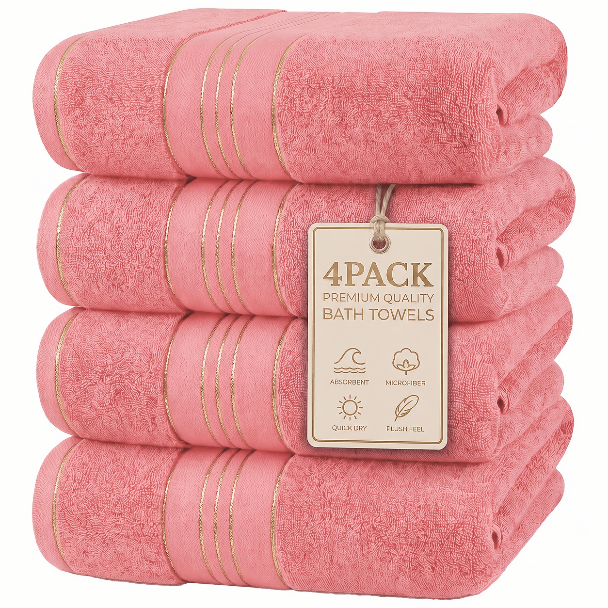 TEMU 4 Pack Bath Towels Set, Extra Absorbent And Ultra Soft Shower Towels, Dense Weave Low Lint Design With Decorative Stripes, Quick Dry Bath Towel