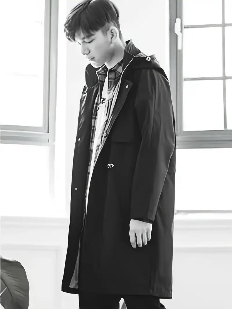 *'s *-Length Hooded Trench Coat Black, Loose Fit, Thick Windproof Jacket with Adjustable Hood Cuffs for Spring/Fall, Casual Outerwear, Korean