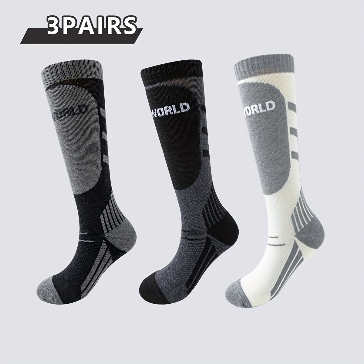 TEMU 3 Paar Verdickte Warme Schwarze Weiße Graue Outdoor Profi Skisocken, Sportlicher High Tube Leg Warmers, Trendige Patchwork , Schnee Berg Wander