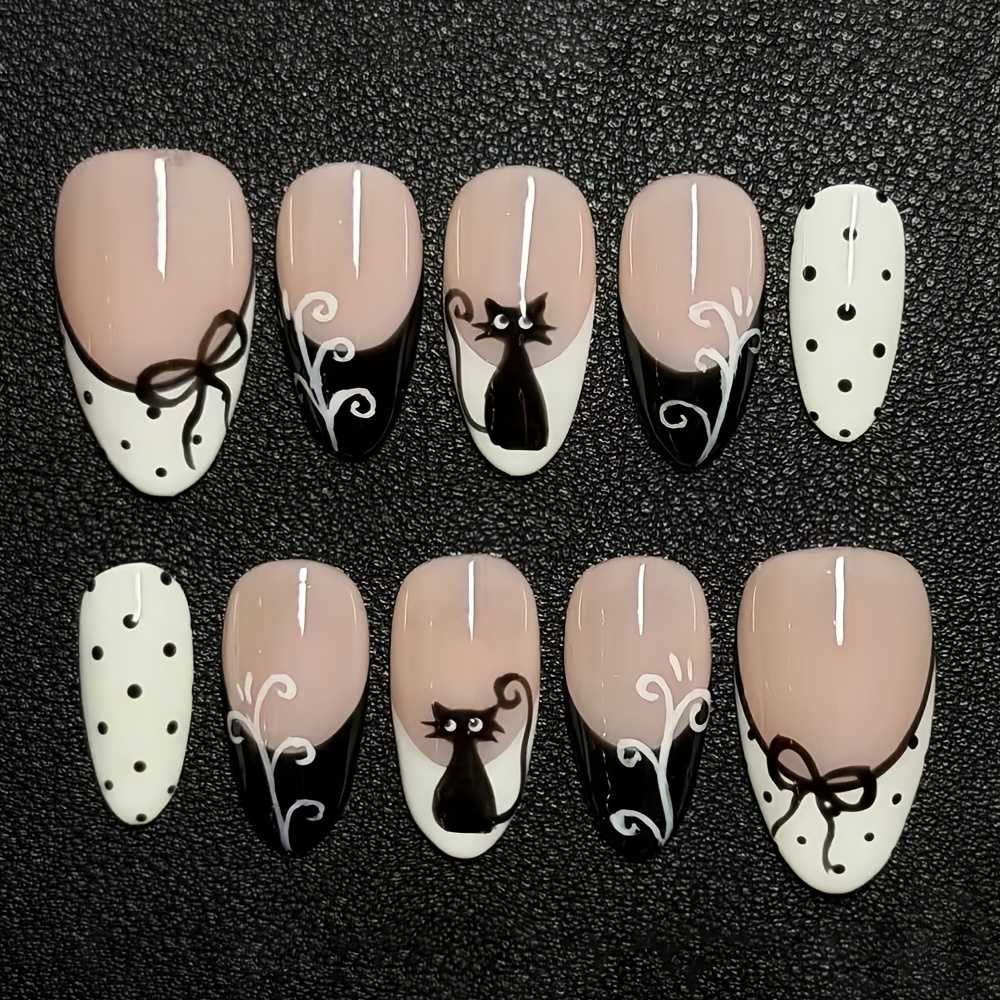 TEMU 30pcs Medium Almond Press-on Nails, Nude Base With Black French Tip, Cute Cat, Bow And Polka Dot Print, Elegant Sweet Glossy Artificial Nails,