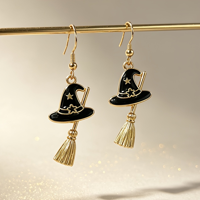 TEMU New Halloween Hat Broom Metal Earrings Purple Black Star Earrings Women's Party Role Playing Jewelry