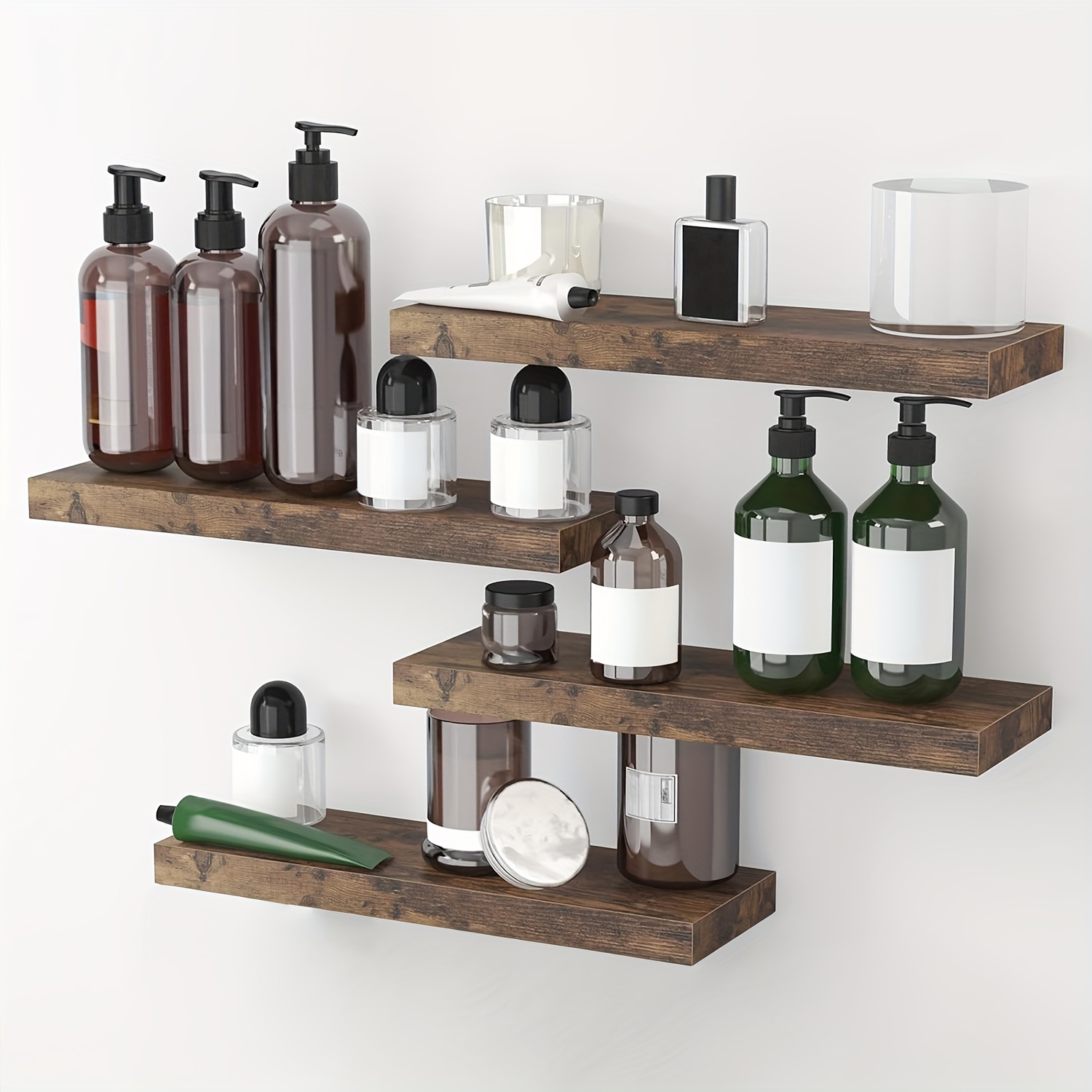 

Rustic Brown Bathroom Floating Shelves, 4+1 Tier 15.7in Rustic Wall Shelf Over Toilet With Invisible Brackets, Farmhouse Wall Decor, For Bathroom, Toiletries And Towels