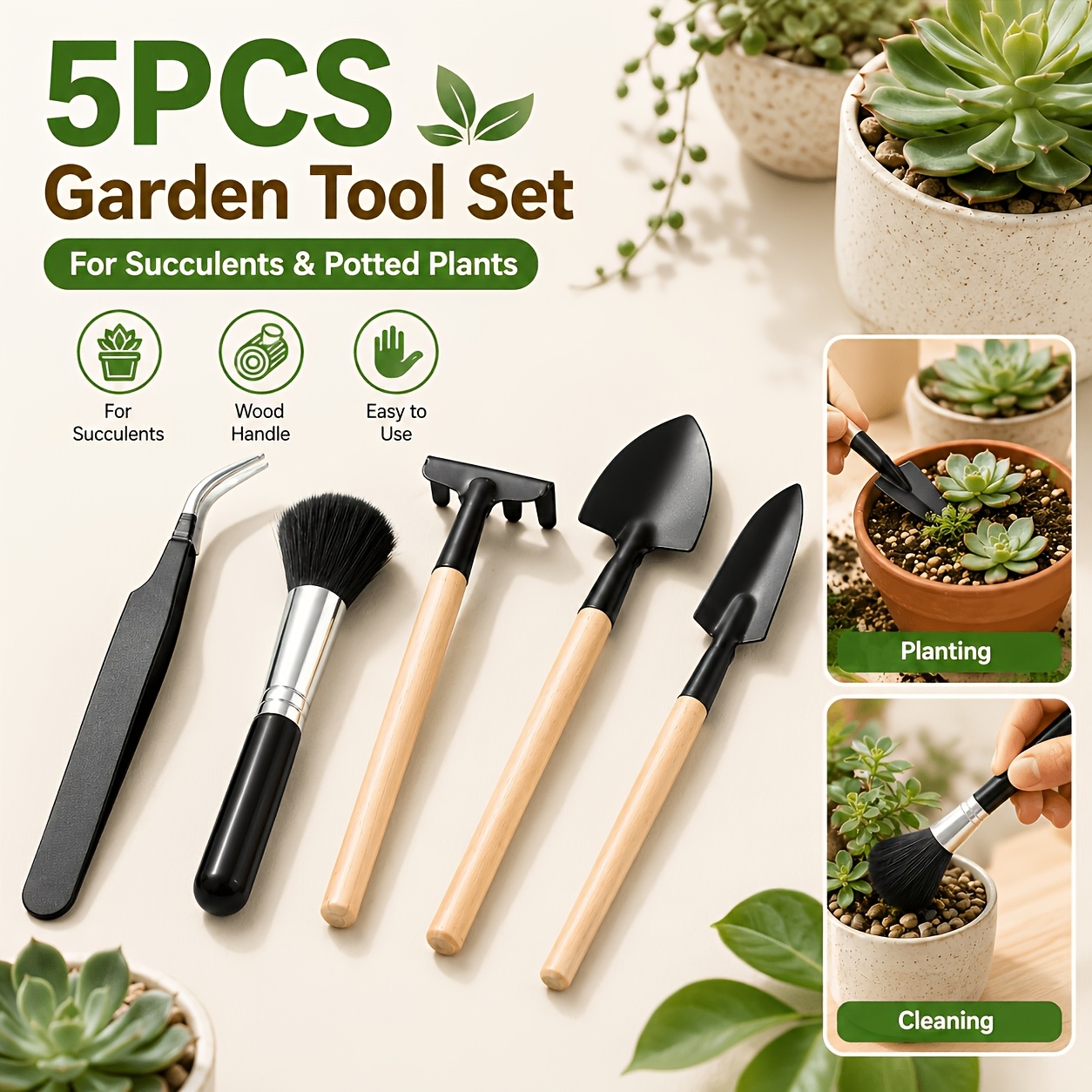 TEMU 5pcs Mini Succulent Gardening Tool Set, Including Shovel, Rake, Tweezers And Brush, Suitable For Indoor Bonsai, Cactus And Potted Plants, Wooden
