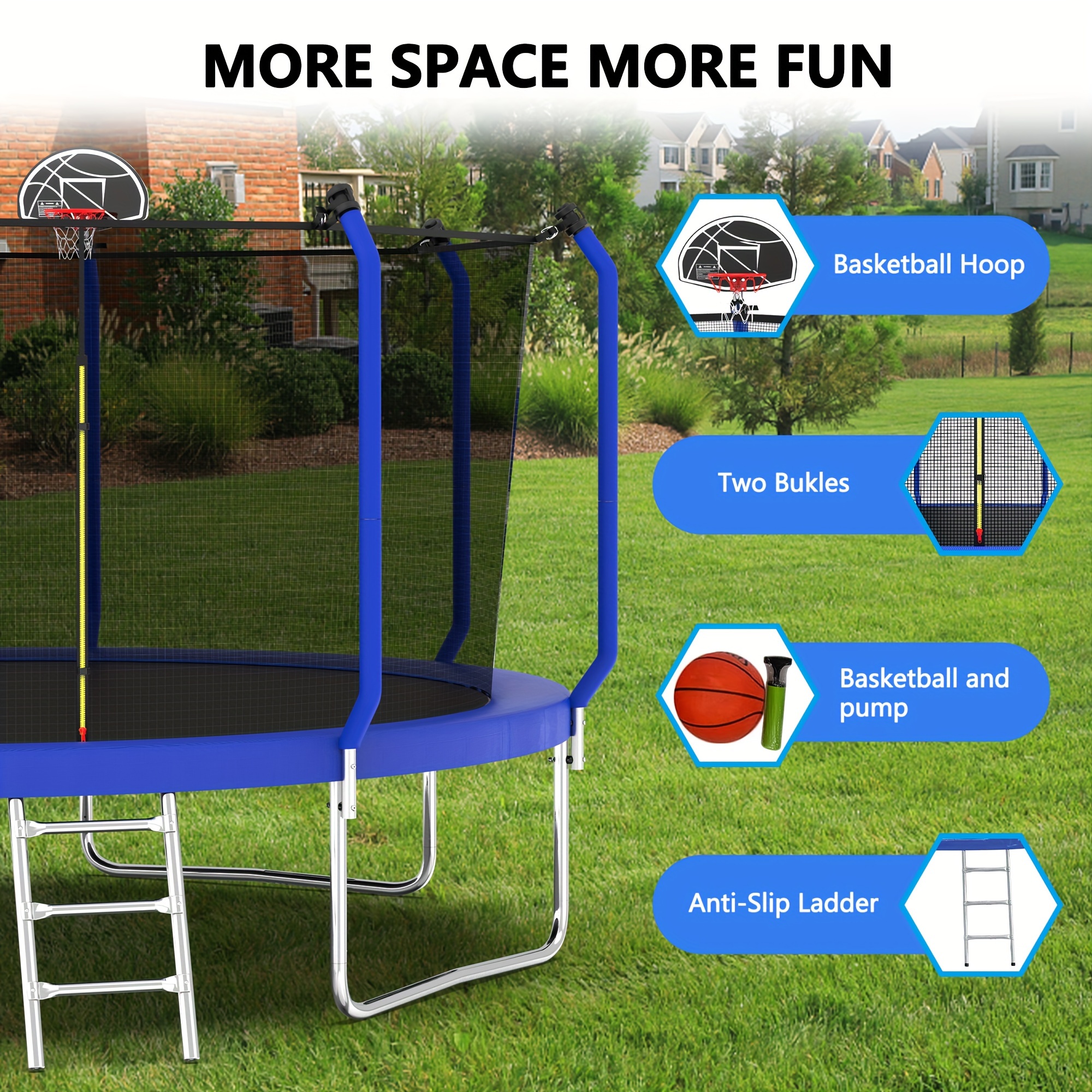 14ft/8ft Children's And Adult Recreational Trampolines, Outdoor Toy Trampolines with Basketball Hoops And Basketball, Backyard Trampolines with Ladders, Pumps, Fence Nets, Halloween Blue