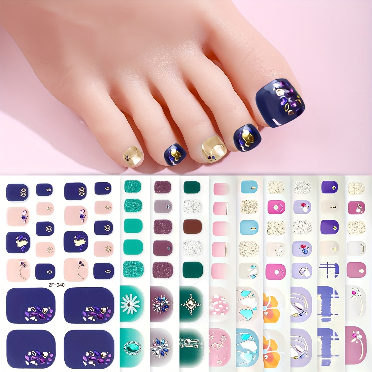 

10 Sheets 3d Toenail Strips, Spring Summer Y2k Shining Luxury Faux Gemstone Nail Wraps, Self-adhesive Nail Stickers Decoration With 2 Nail Files Suitable For Women For Quick Manicure