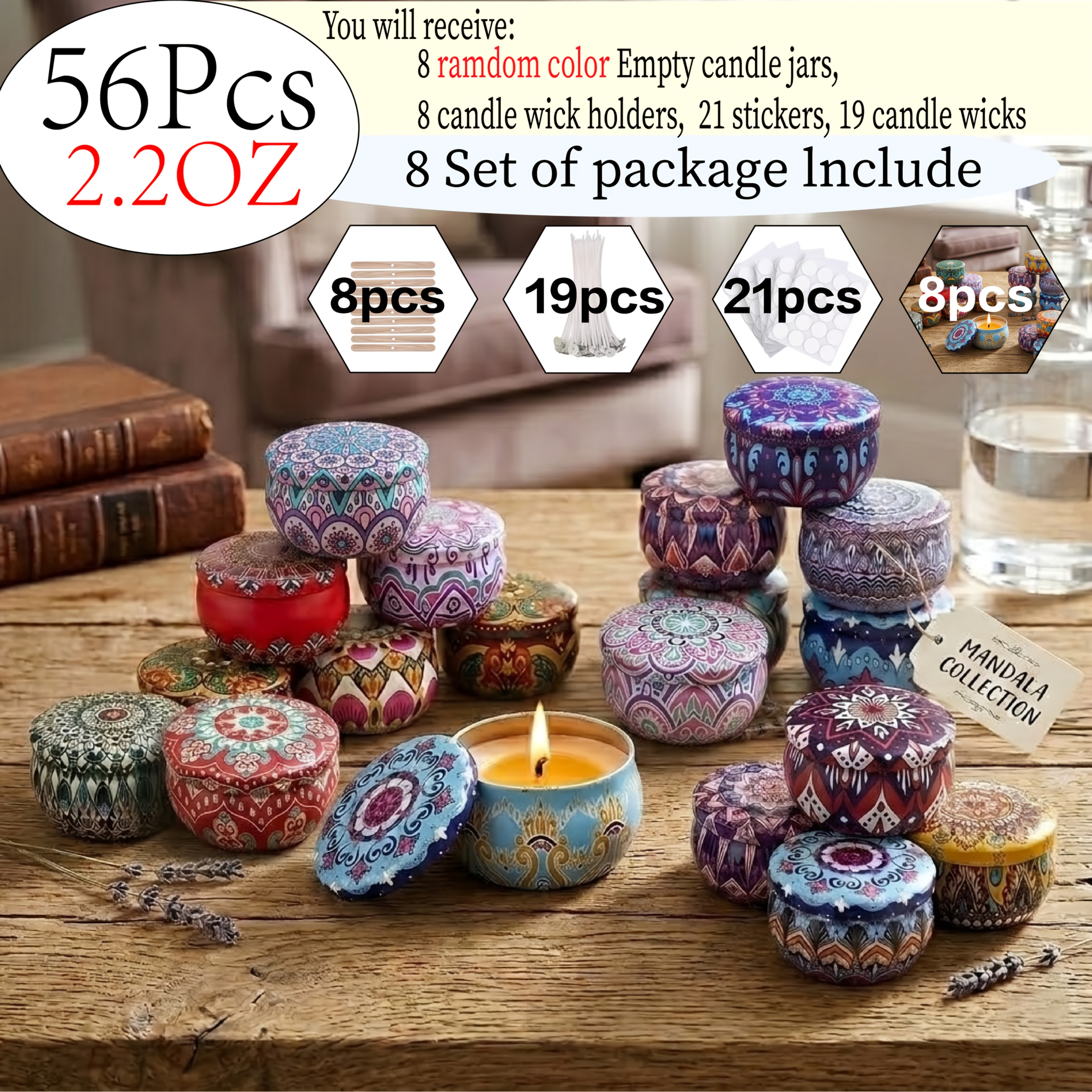 TEMU 56pcs Complete Candle Making Kit, Includes 8 2.2-ounce Floral Matte Metal Tins With Lids, Wax-free Craft Supplies, Suitable For
