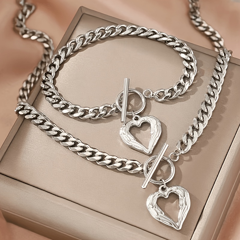 TEMU 2pcs Elegant And Cute Unisex Stainless Steel Patterned Heart Pendant Ot Clasp Design Versatile Bracelet And Necklace Set For Casual And Party