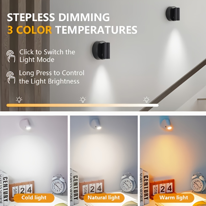 2 Wireless Magnetic Wall Lights with Rechargeable Batteries, No Drilling Required. Touch-controlled Bedside Lamps Suitable for Bedrooms, Reading, and Night Lights. Available in Warm/white/natural Light. Ideal for Decorating Bedside Areas, Living