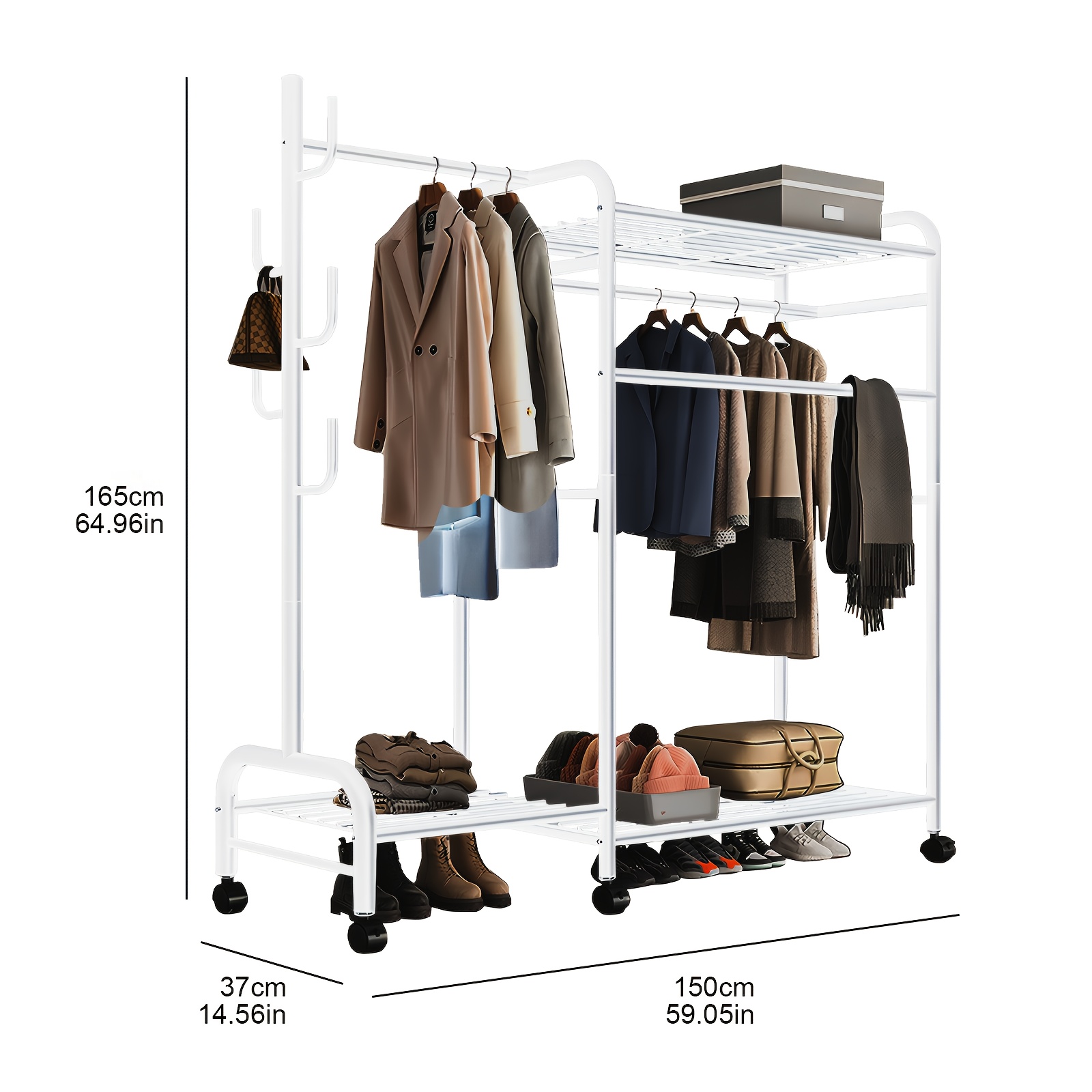 TEMU Porte-vêtements roulant en métal pour chambre à coucher, porte-manteau autoportant, organisateur de garde-robe ouvert avec roulettes, 5 crochets