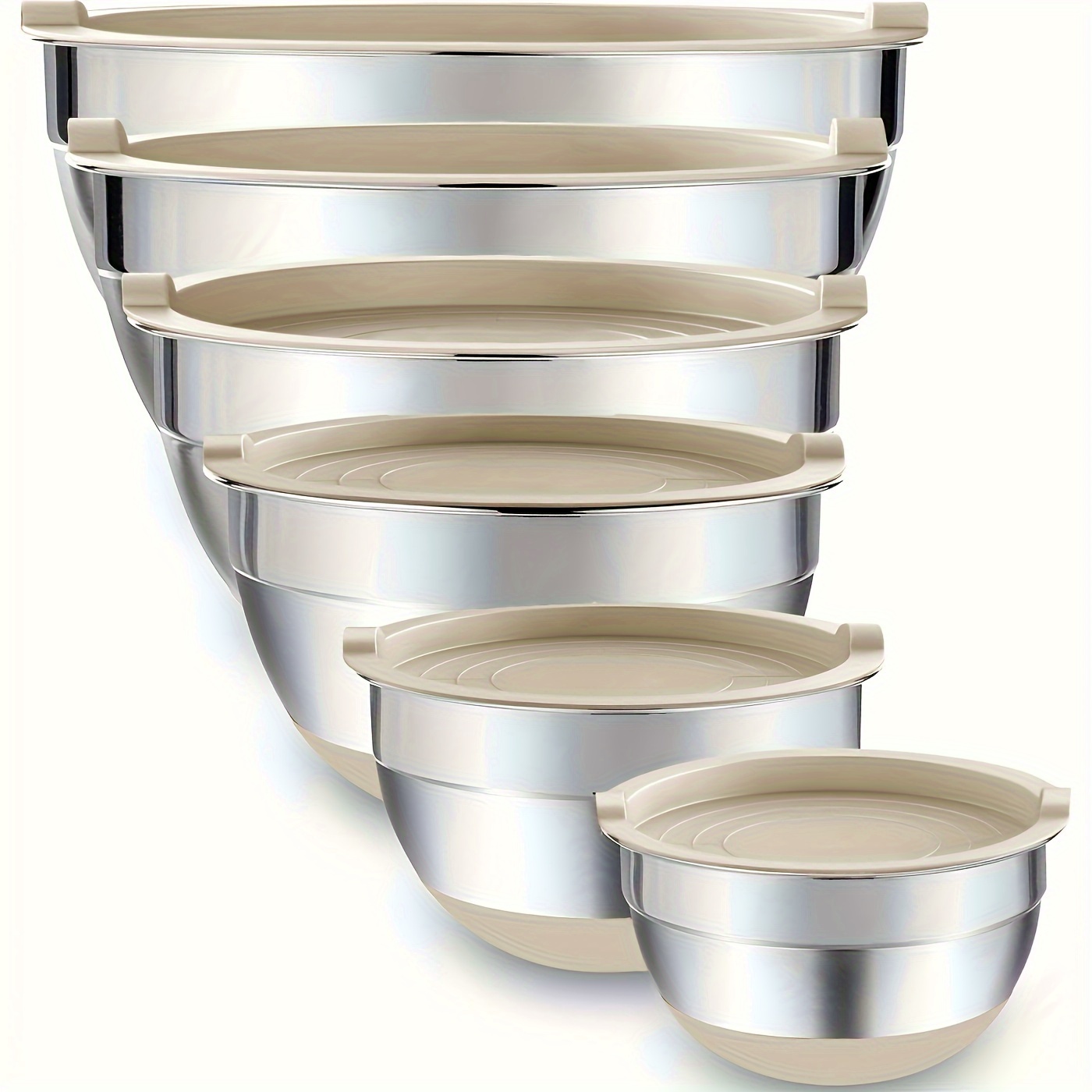 

Mixing Bowls With Airtight Lids, 6 Piece Stainless Steel Metal Nesting Storage Bowls, Non-slip Bottoms Size 7, 3.5, 2.5, 2.0, 1.5, 1qt, Great For Mixing & Serving