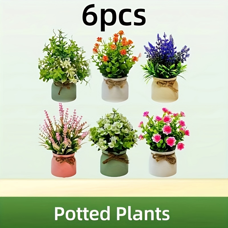 

6pcs Mini Artificial Potted Flower Decorations, Simulated Lavender, Eucalyptus Camellia , Plastic Artificial Flower Potted Plants Suitable For Indoor And Outdoor Home Dining Table Wedding Decorations