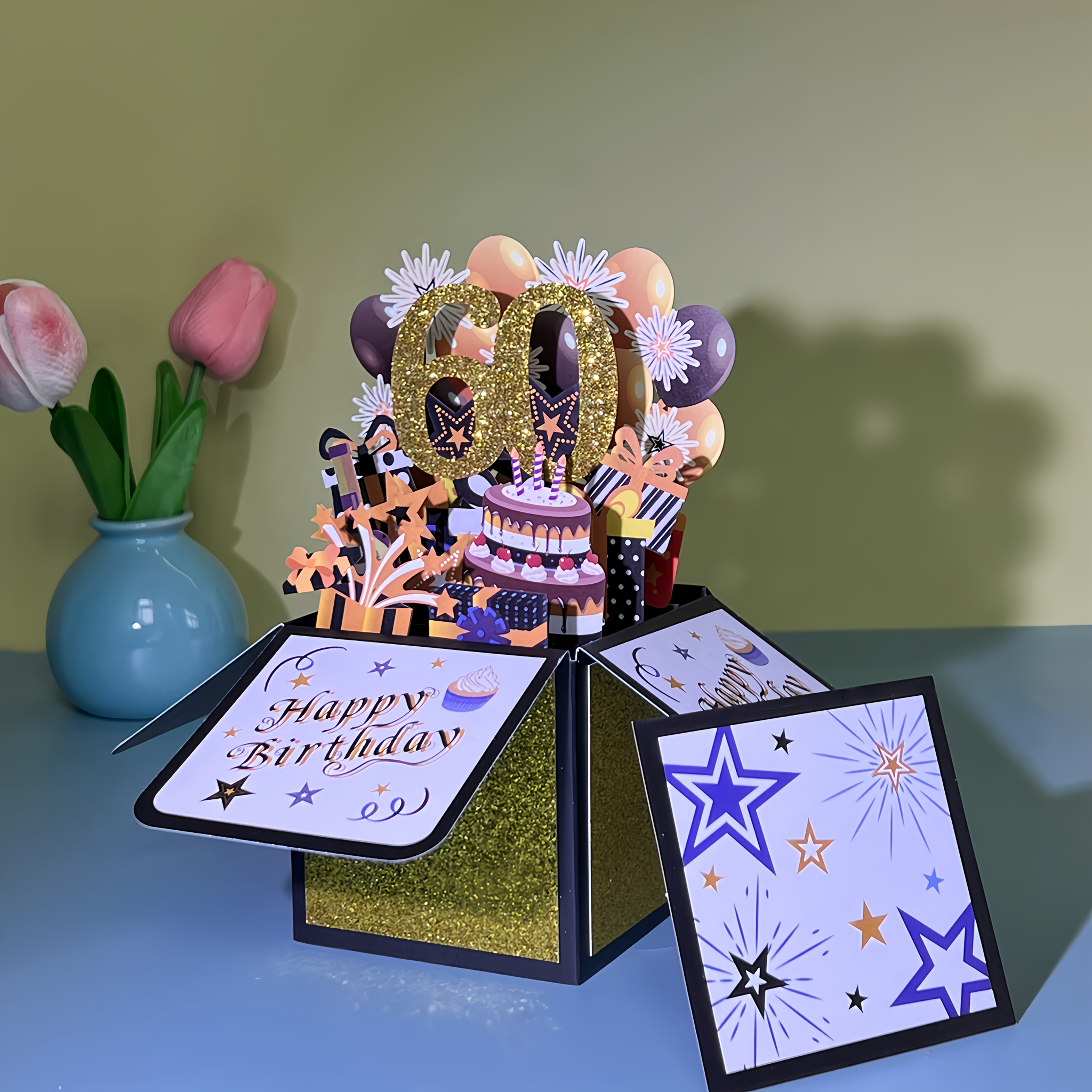 E-shop 1 Stück Pop-Up 3D-Grußkarte mit Umschlag, Froher 60. Geburtstag – für Jeden, der seinen 60. Geburtstag feiert