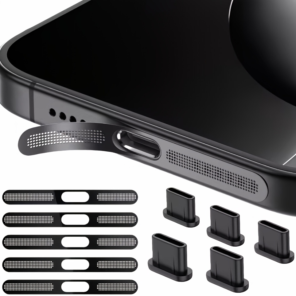 TEMU Combo Set: -in-one Metal Dust Screens + 5 Silicone Dust Plugs, Compatible With Iphone 15/16/17 Series And Other Models. Scratch-resistant,