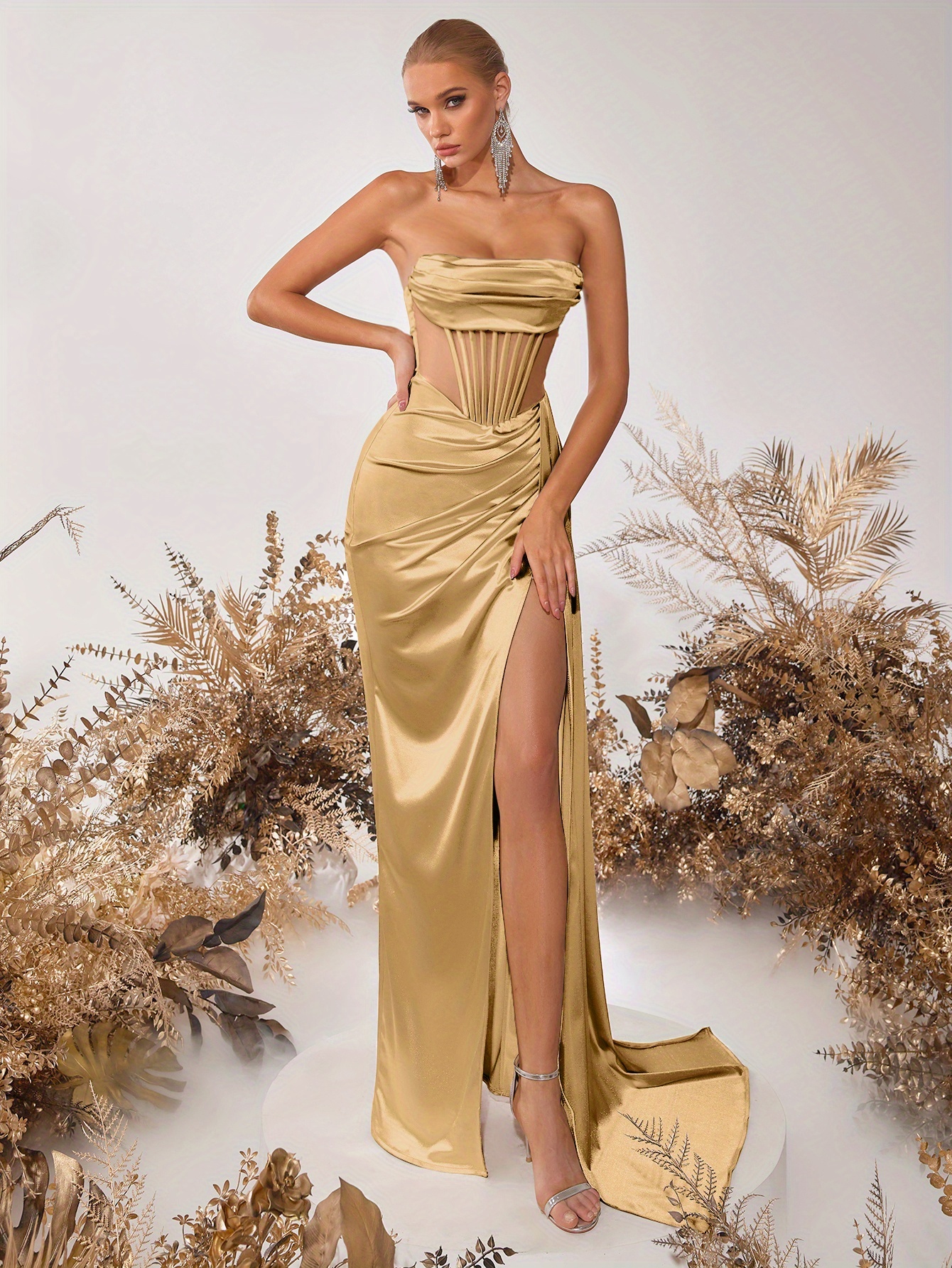 Rose Gold Prom Dress Gold Thigh Split Dress Asymmetrical Shoulder High Slit  Party Dress Temu Temu