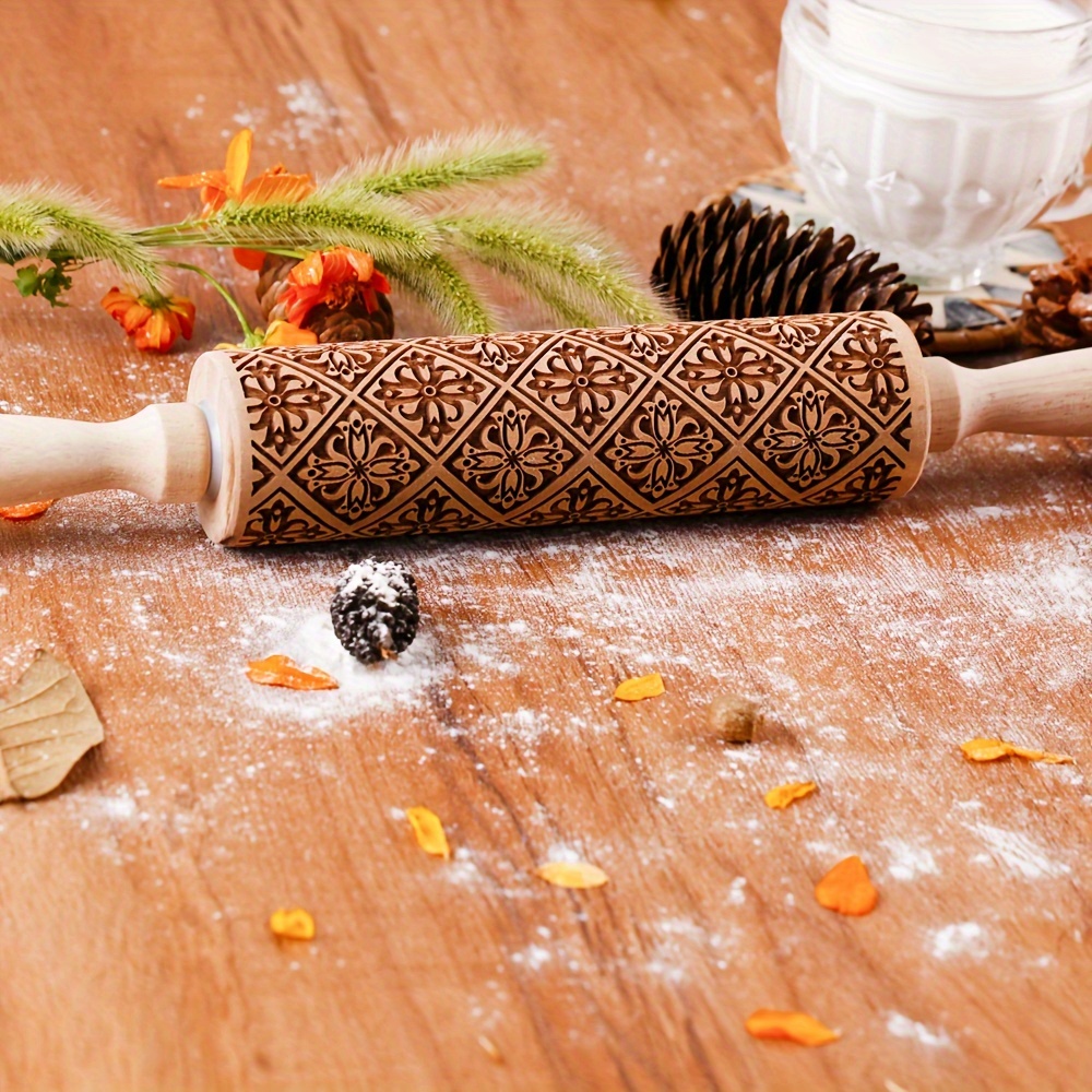 Image of 1pc -inch Hollow Mosaic Wooden Embossed Rolling Pin, Christmas Cookie Printing Mold, Pastry, Cookie Baking Tool Suitable For Christmas, Pottery Making