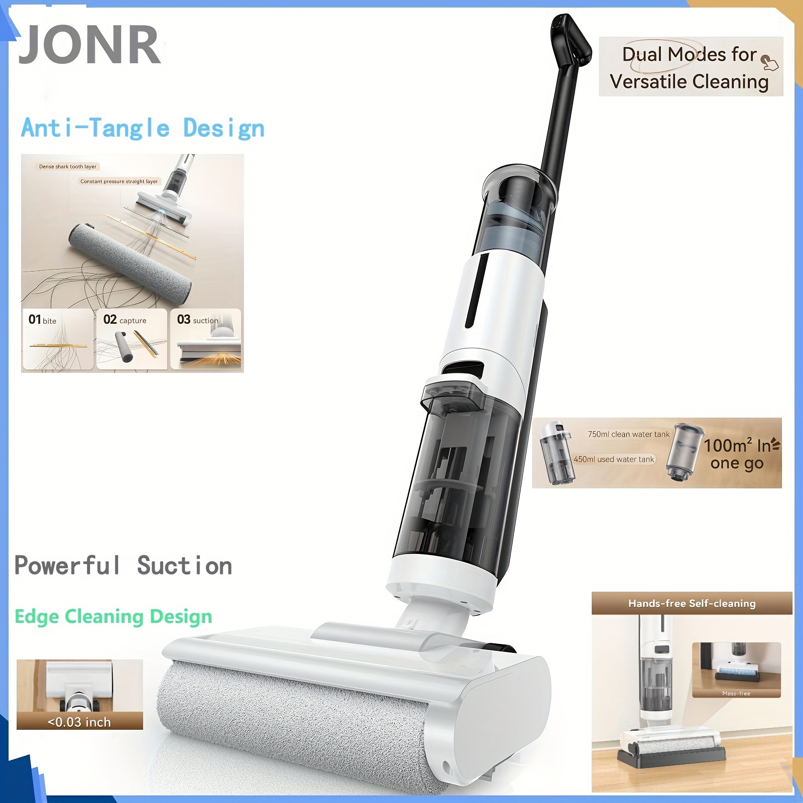 Jonr Ed12 Lite Dry And Wet Vacuum Mop, Cleaning, Inch Edge Cleaning, Long Running Time, High Suction, Dual Water Tank Design