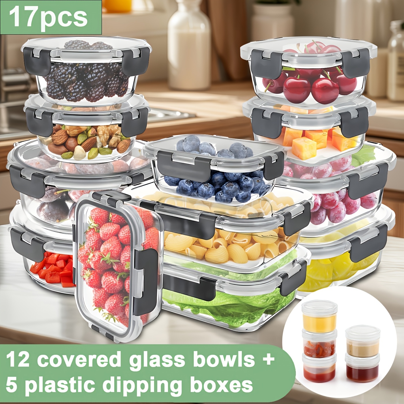 E-shop 17-teiliges Set (12 Frischhaltedosen, 5 Saucenboxen) Glas-Lebensmittelbehälter mit Schnappdeckeln, luftdichte Lunchboxen, geeignet für Zuhause,