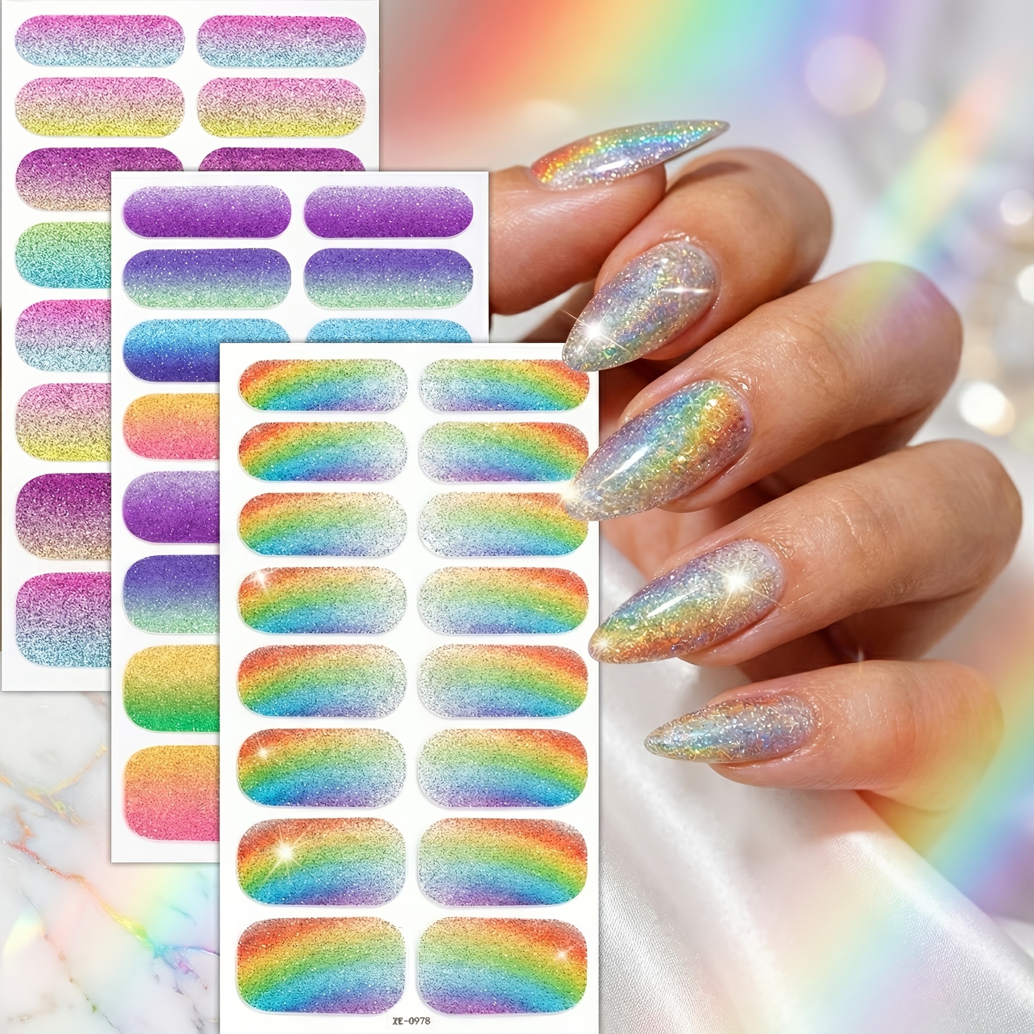 Image of 3 Sets Of Full Nail Stickers Featuring A Vibrant Rainbow Aurora , Perfect For Women And At Stage Performances, Music Festivals, Nightclubs, And Photography. Ideal For Art