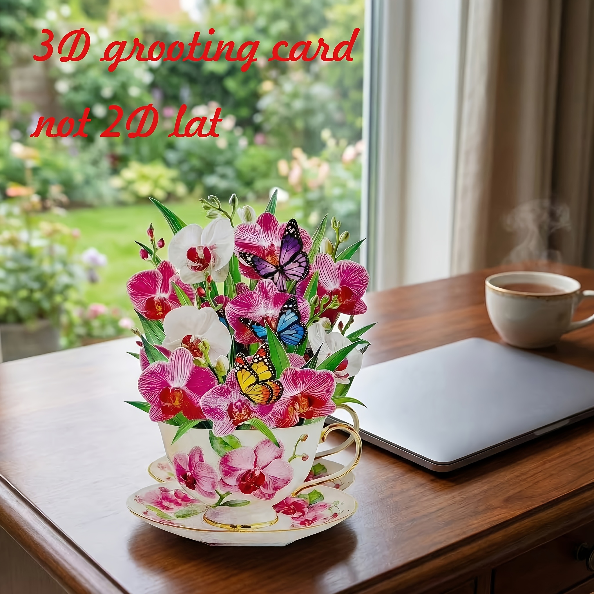 TEMU 3d Phalaenopsis Orchid Teacup Pop-up Greeting Card With Suitable For For , Birthdays, Anniversaries - Realistic Card, No-watering & Envelope For