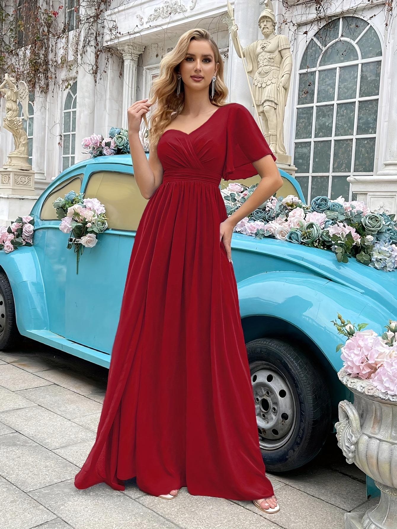 one shoulder coral bridesmaid dresses Haisley Chic One Shouler Ruched Maxi Chiffon Bridesmaid Dresses, Coral main image 1