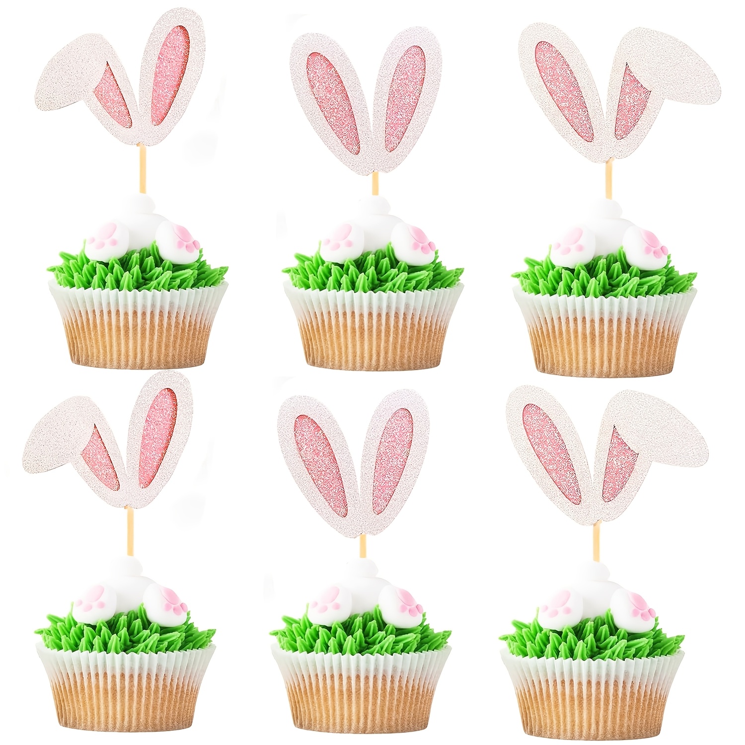24pcs Cupcake Toppers Glitter Rabbit Ear Cupcake Picks Day Theme Baby Shower Birthday Party Cake Decorations