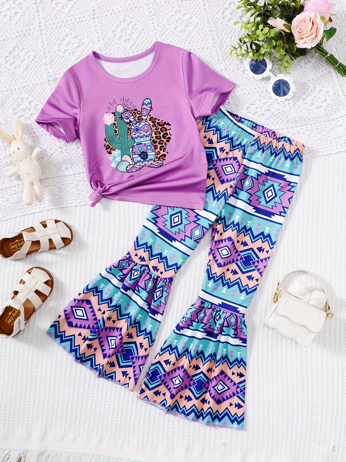 2pcs Toddler Girls' Cute Outfits, Bunny Print Top & Flora Flare Pants Set  Kids Clothes For Fall Party