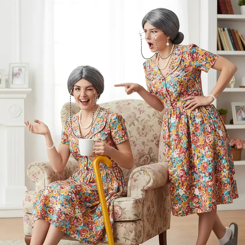 old lady dress for halloween Mens Overbearing Mother Costume Old Lady Funny Floral Dress Wig Halloween Outfit