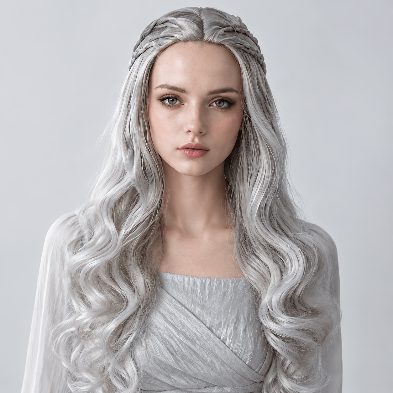 TEMU Acag Halloween Silvery Gray Body Wave Synthetic Wig For Women Braided Long Hair Cosplay Carnival Holiday Party Outfit
