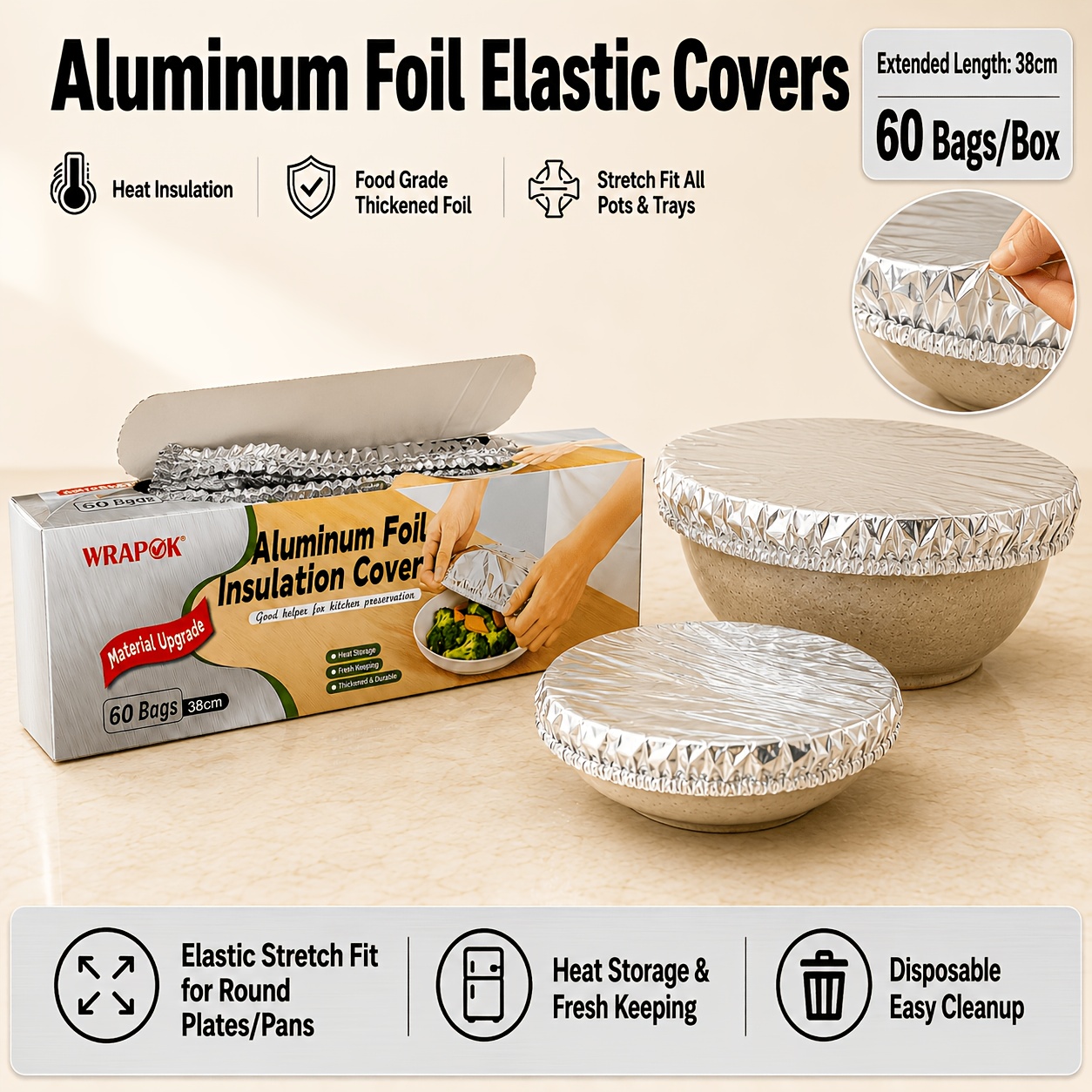 TEMU Disposable Aluminum Foil Elastic Bowl Covers 60 Count, Wrapok 38cm Stretchable Foil Lids, Food-grade Thick Foil Fits Most Round Bowls, Plates,