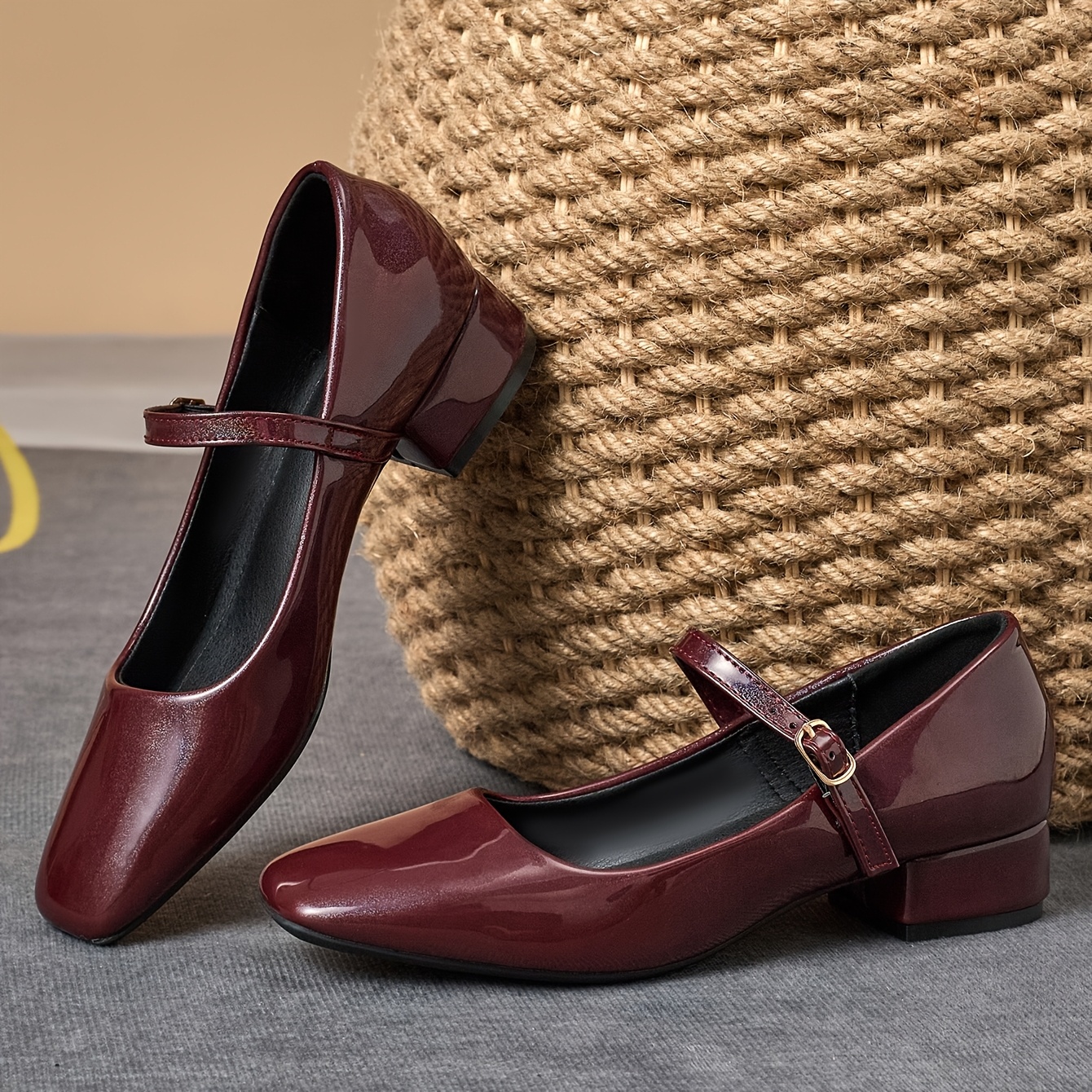 wide low heel dress shoes for ladies new chunky womens patent one strap LowStock:43677191274547