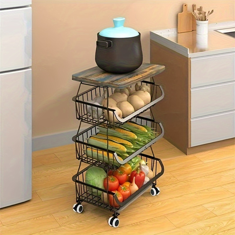 

4 Tier Fruit Storage Basket, Fruit Vegetable Cart With Solid Wood, Kitchen Storage Rack With Rollers For Pantry