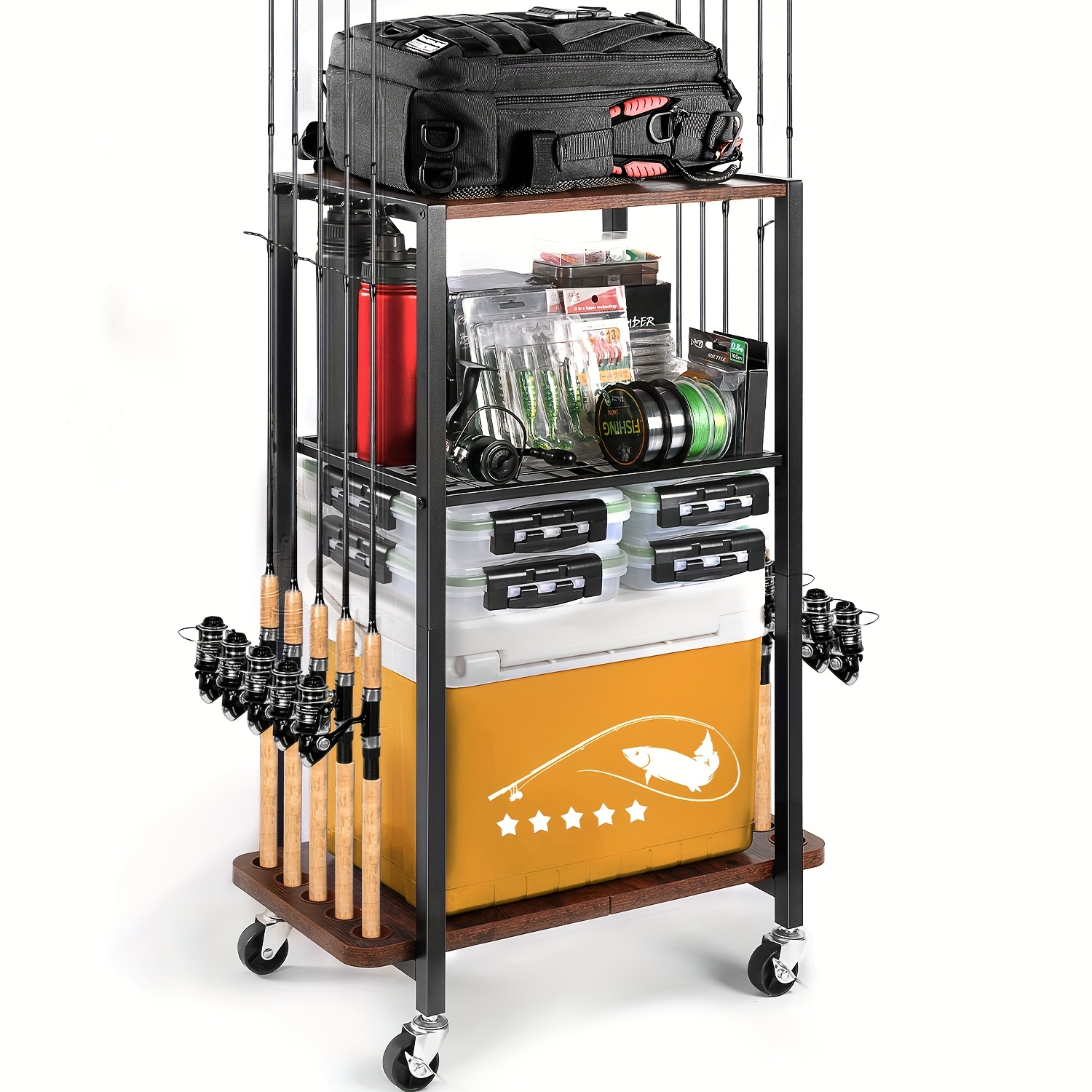 TEMU Ghosthorn Fishing Rod Holders For Garage, Fishing Gear And Equipment Rotating Tackle Storage Cart, Pole Rod Rack Hold Up To 10 Rods, Fishing Gifts For Men Mother Father, Brown Gifts For Men Women