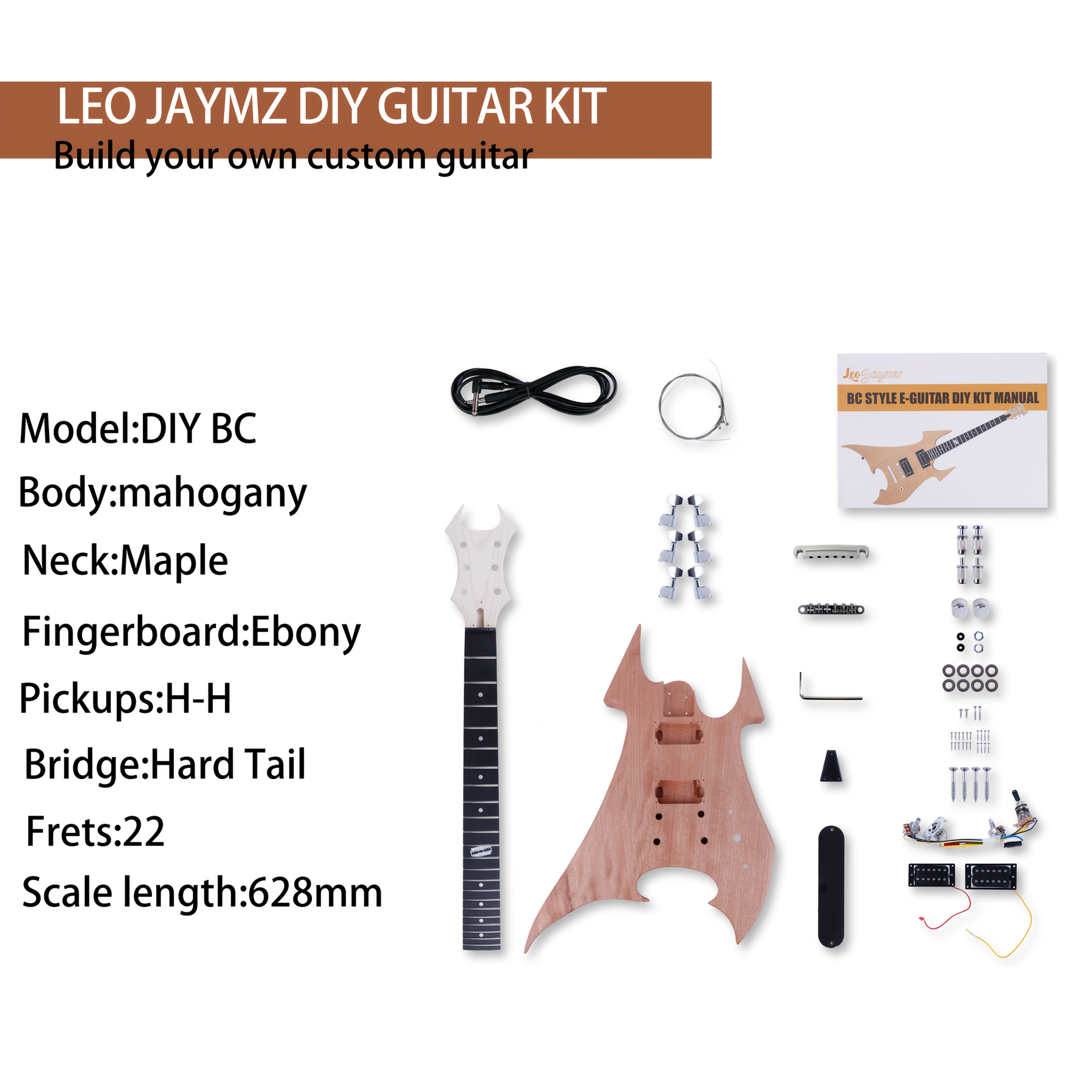Leo Jaymz DIY Electric Guitar Kit - Mahogany Body, Ebony Fretboard, 1pc S-H Pickup Configuration - Fixed Bridge, Fully Enclosed Tuning Pegs, 21 Frets, Maple Neck, Room Electrical Wiring