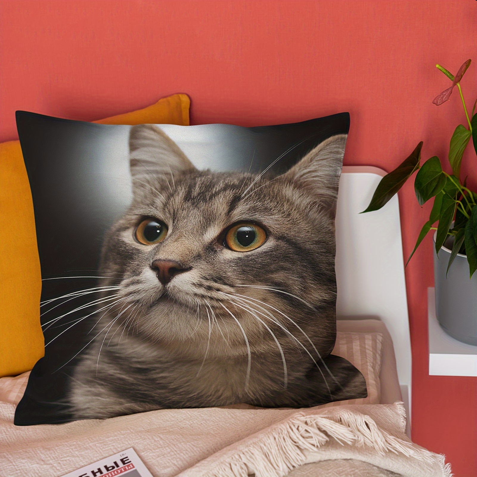 

Cute Cat Plush Throw Pillow Cover 18x18 Inches - Zippered, Machine Washable, Single-sided Print For Sofa & Bedroom Decor