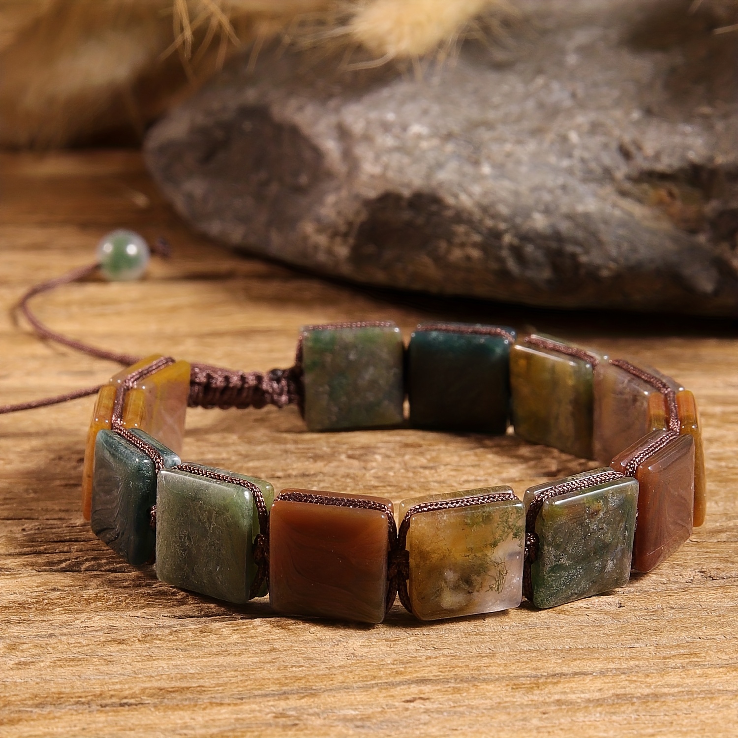 Natural Stone 1pc Women'S Hand-Woven Bracelet - Natural Square Indian Agate Stones, Boho-Chic Accessory for Daily Wear Gifting