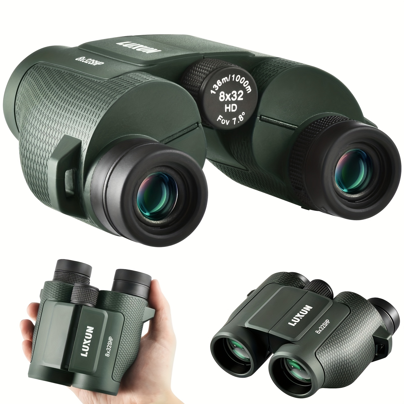 Image of Luxun Adult High Magnification 8x32 Compact Binoculars For Long Distance Observation Ideal For Bird Watching, Hunting, Outdoor Sports Transmission, Rubber Non-slip Grip, Green