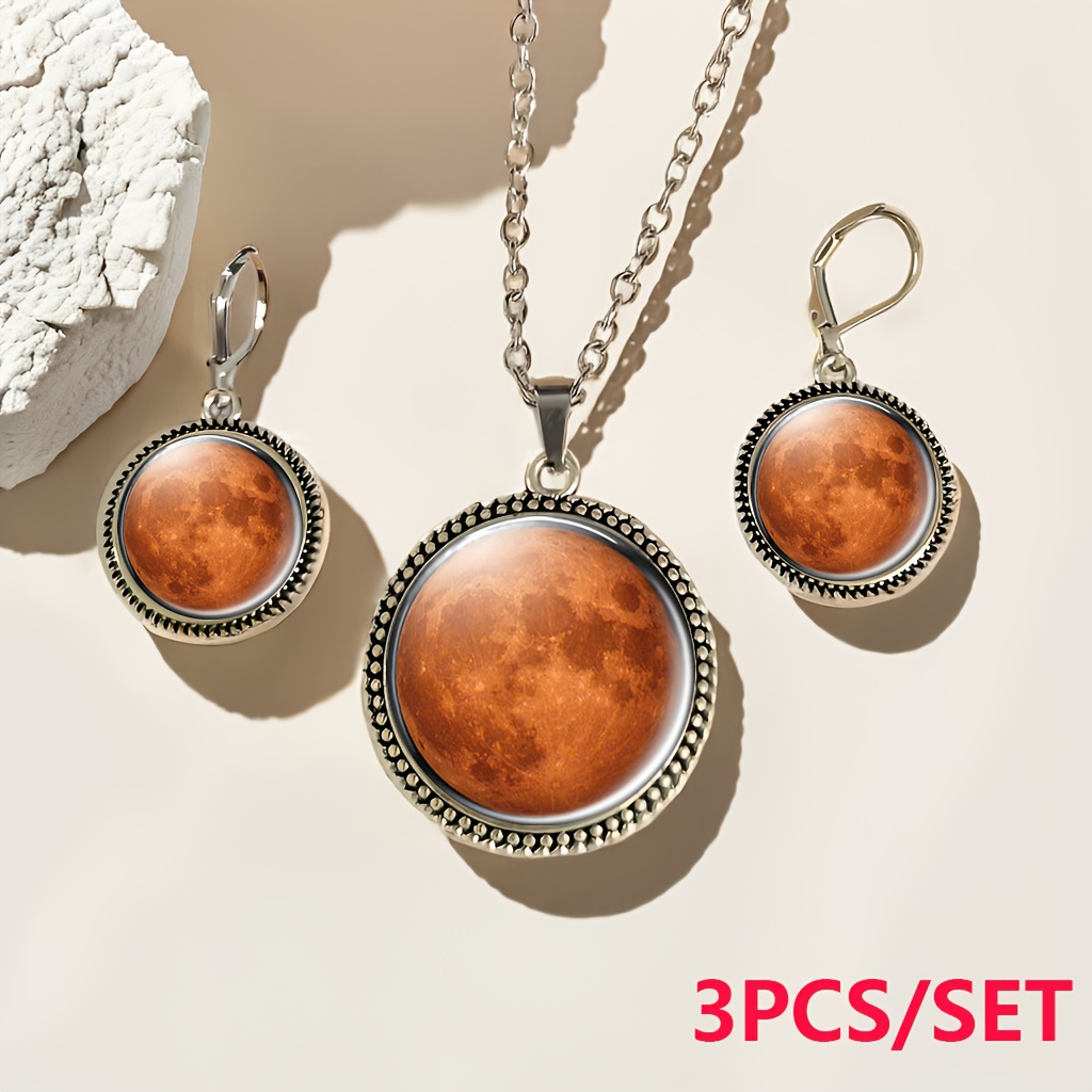 TEMU 3pcs Set (1pc Necklace And 2pcs Earrings, Women's Round Glass Base Jewelry Set), Orange Round Object With Texture And , Easy With Unique