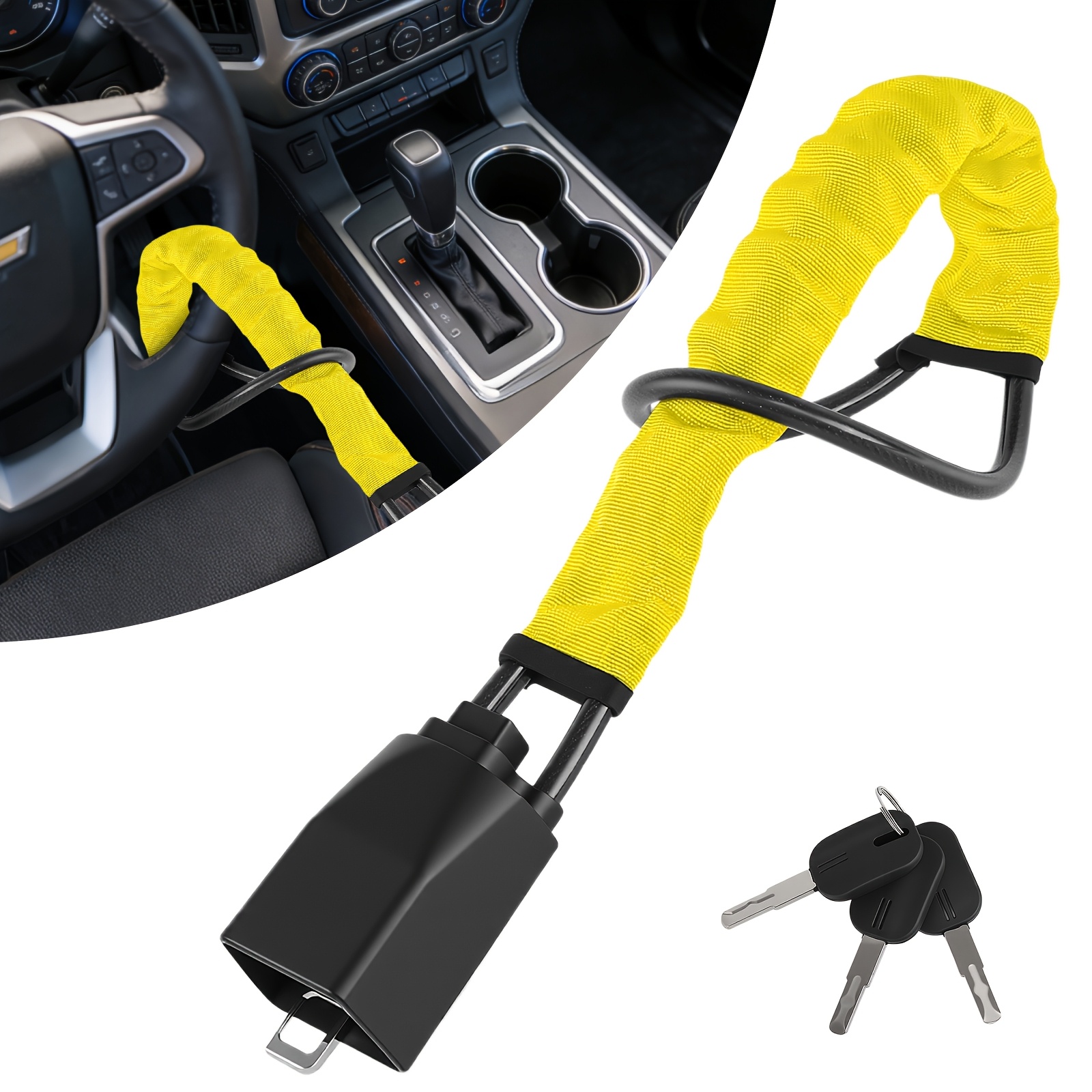Image of Car Steering Wheel Lock With Seat Belt , Heavy Duty Anti-theft Device, Cut-resistant Braided Steel Cable, High Visibility Yellow, Universal Vehicle Security With 2 Keys