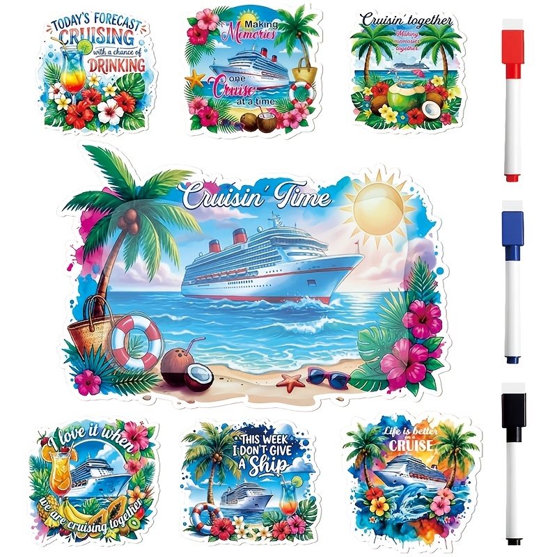 TEMU Lot de 7 décorations magnétiques pour porte de bateau de croisière, ensemble d'aimants pour porte de bateau de croisière tropical avec citations