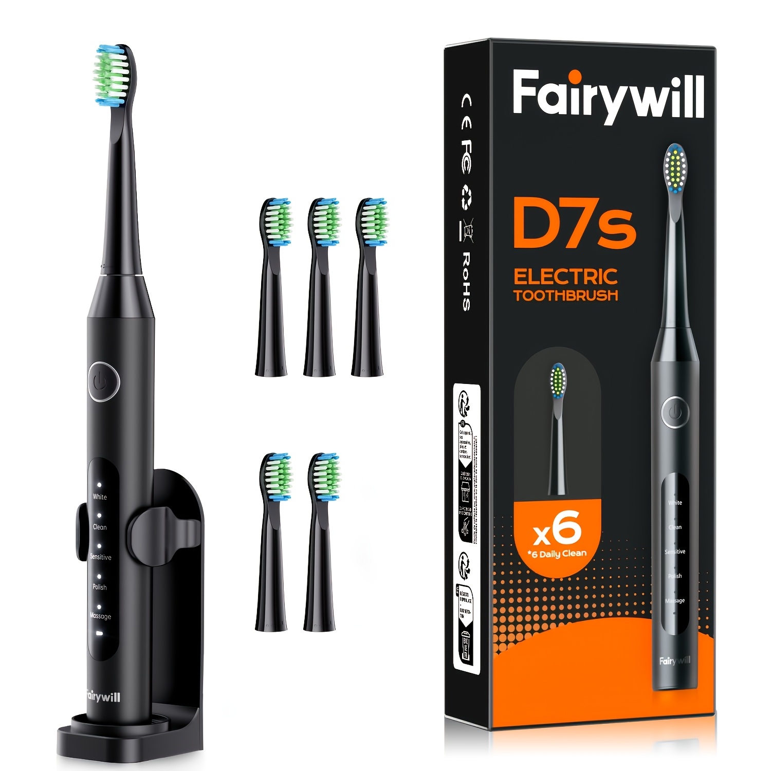 Fairywill Electric Toothbrush For Adults, Rechargeable With 6 Brush Heads, 47000 Vpm For Sensitive Teeth, 5 , 60-day Battery