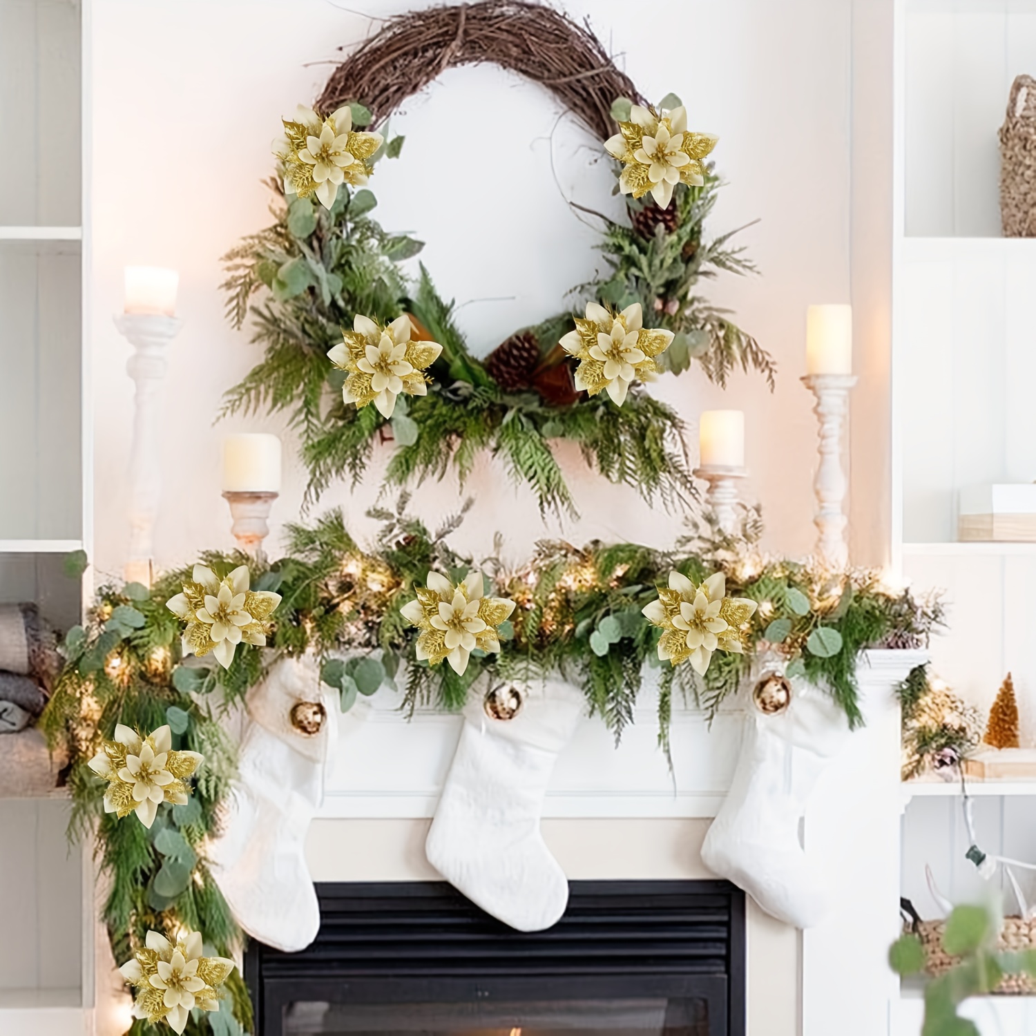 36pcs Shiny Golden Faux Christmas Poinsettia - (12 Flowers + 12 Clips + 12 Stems = 36), No Electricity Required, Perfect for Christmas Tree Decorations, Garland Embellishment, Wedding & New Year Holiday Celebrations, Seasonal Home Decor