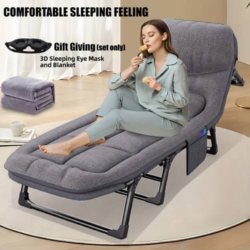 6 speed adjustable sleeping bed folding camping bed portable folding bed comfortable mattress and pillow breathable fabric thick free blanket and eye mask nap nap bed single companion bed suitable for home use